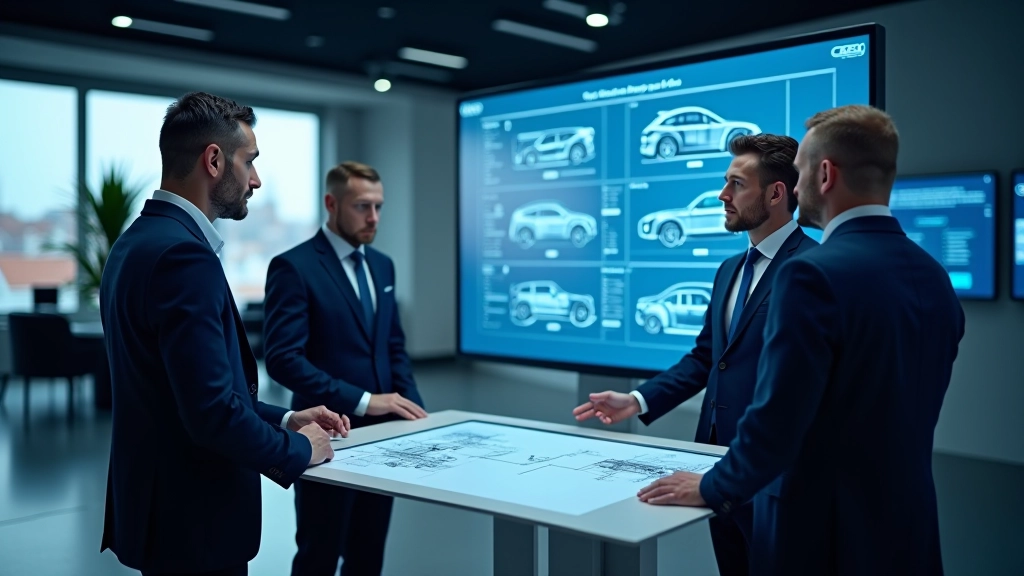 Automobiļu rūpniecības inženieru komanda strādā pie jauna modeļa 3D projektēšanā, skaidri redzams dizaina process