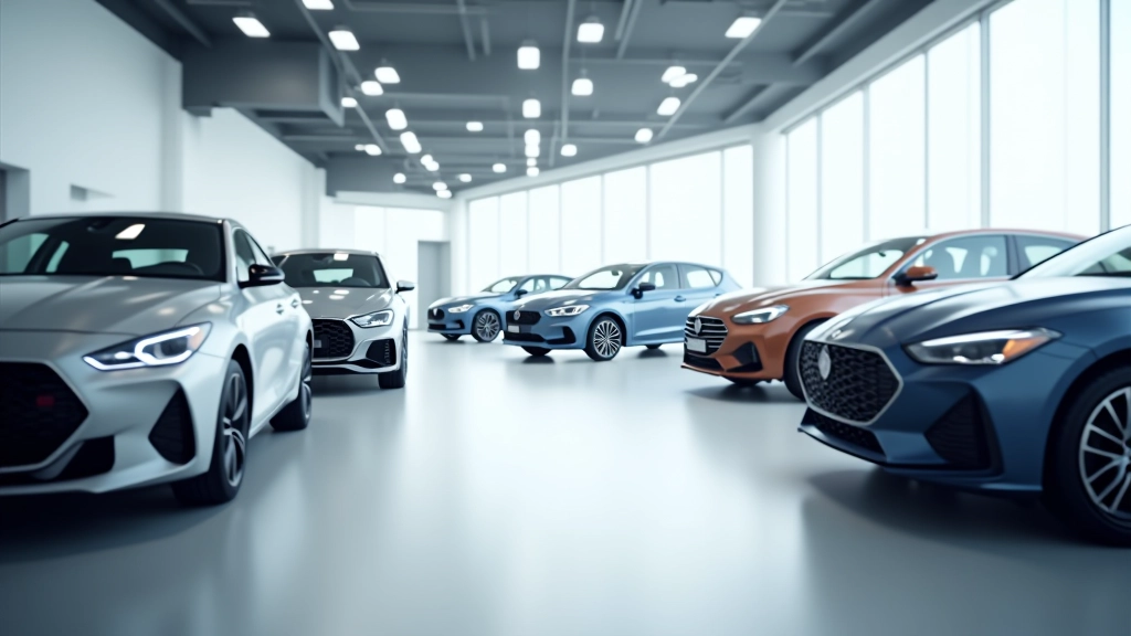 Automobiļu izstādes laukums ar jaunajiem modeļiem un apmeklētājiem