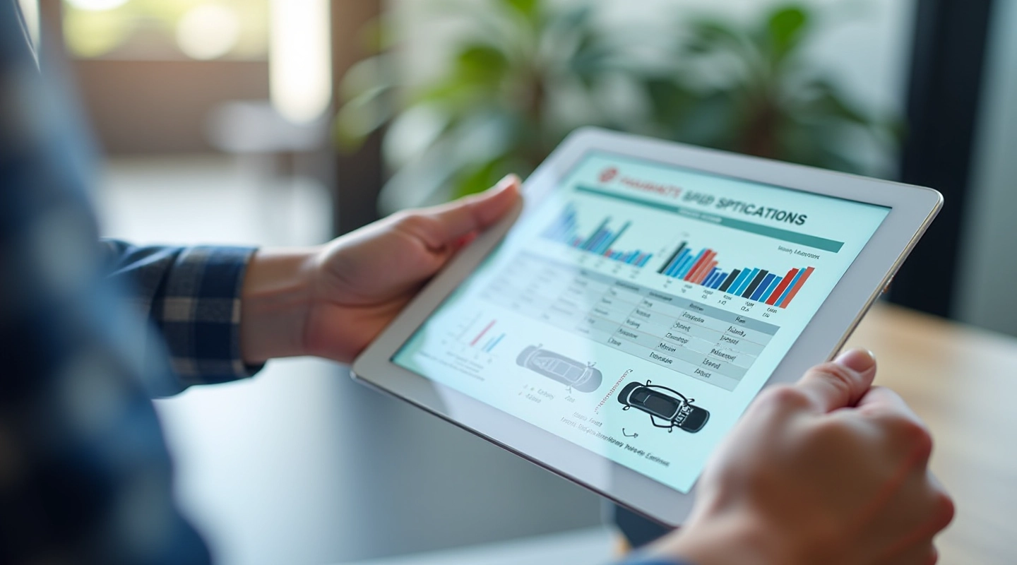 Detalizēts automobiļu salīdzinājuma vizualizācija ar parametru tabulām