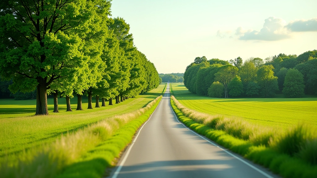 Vide ar zaļiem kokiem un atmosfērisku valsts ceļu, kas symbolizē videi draudzīgu transportu