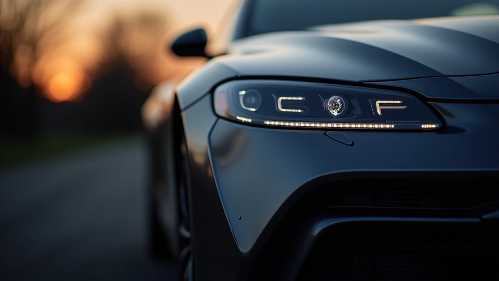 Luksusa automobiļa ārējais dizains ar dinamiskiem līnijām un inovatīviem gaismas elementiem