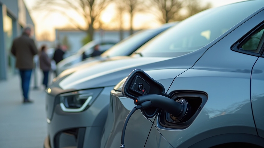 Luksusa elektriskais automobilis uz ātru uzlādes stacijas fona, moderns LED dizains un izsmalcināti līnijas