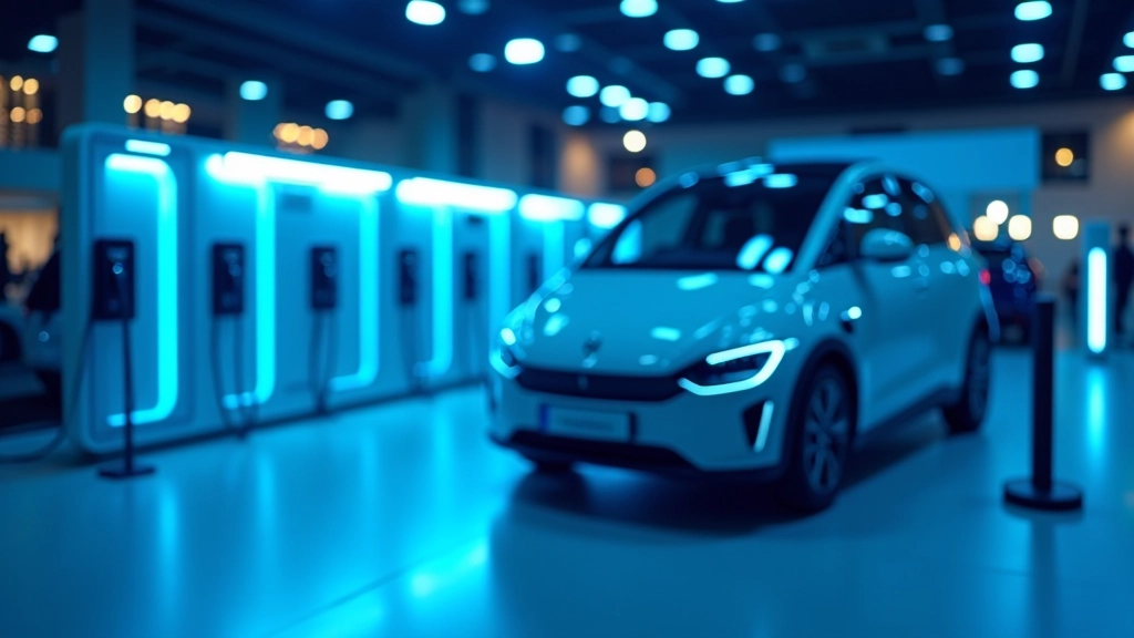 Jaunā elektromobīļa uzlādes stacija salona izstādē