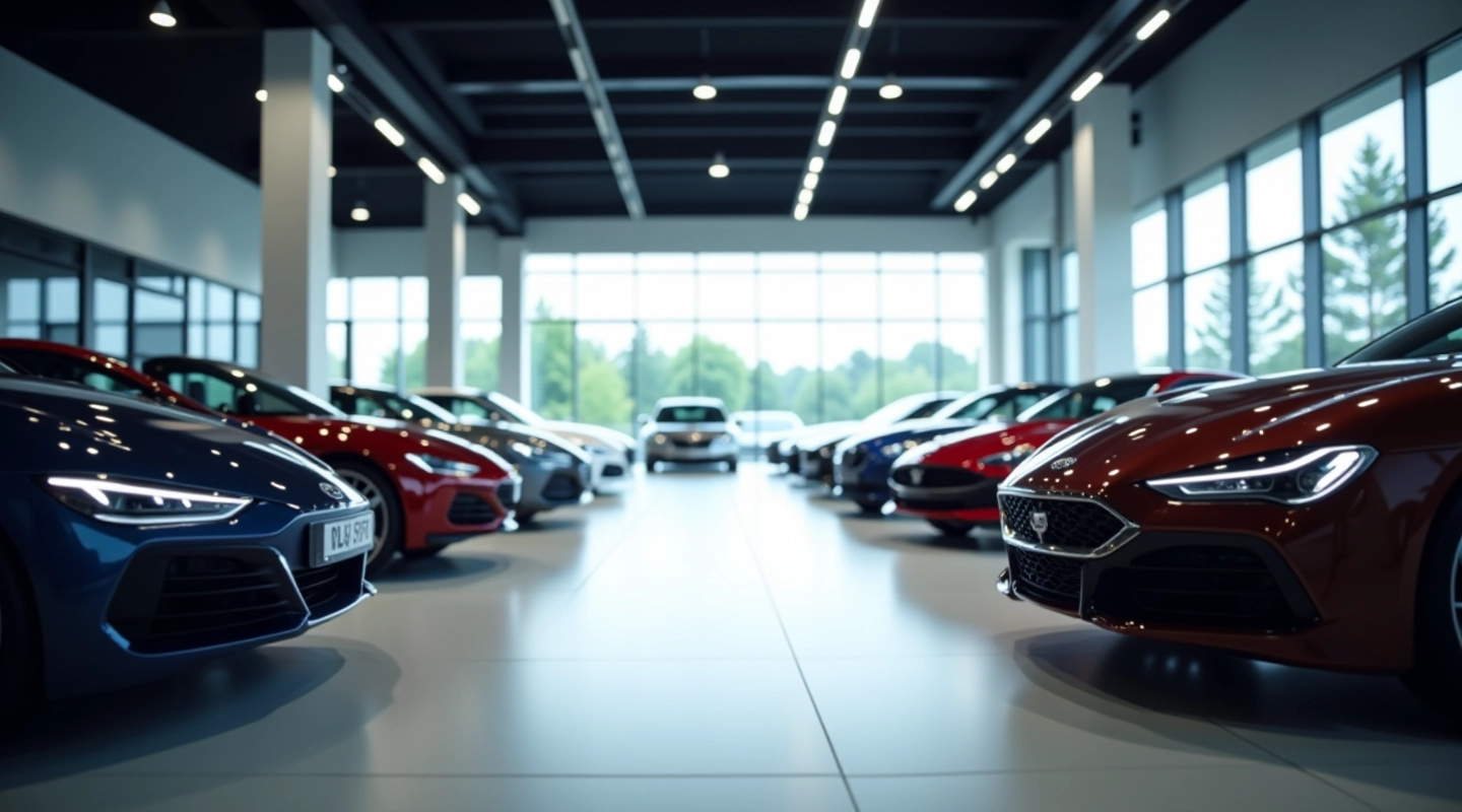 Moderns automobiļu salons ar jauniem modeļiem uz izstādes