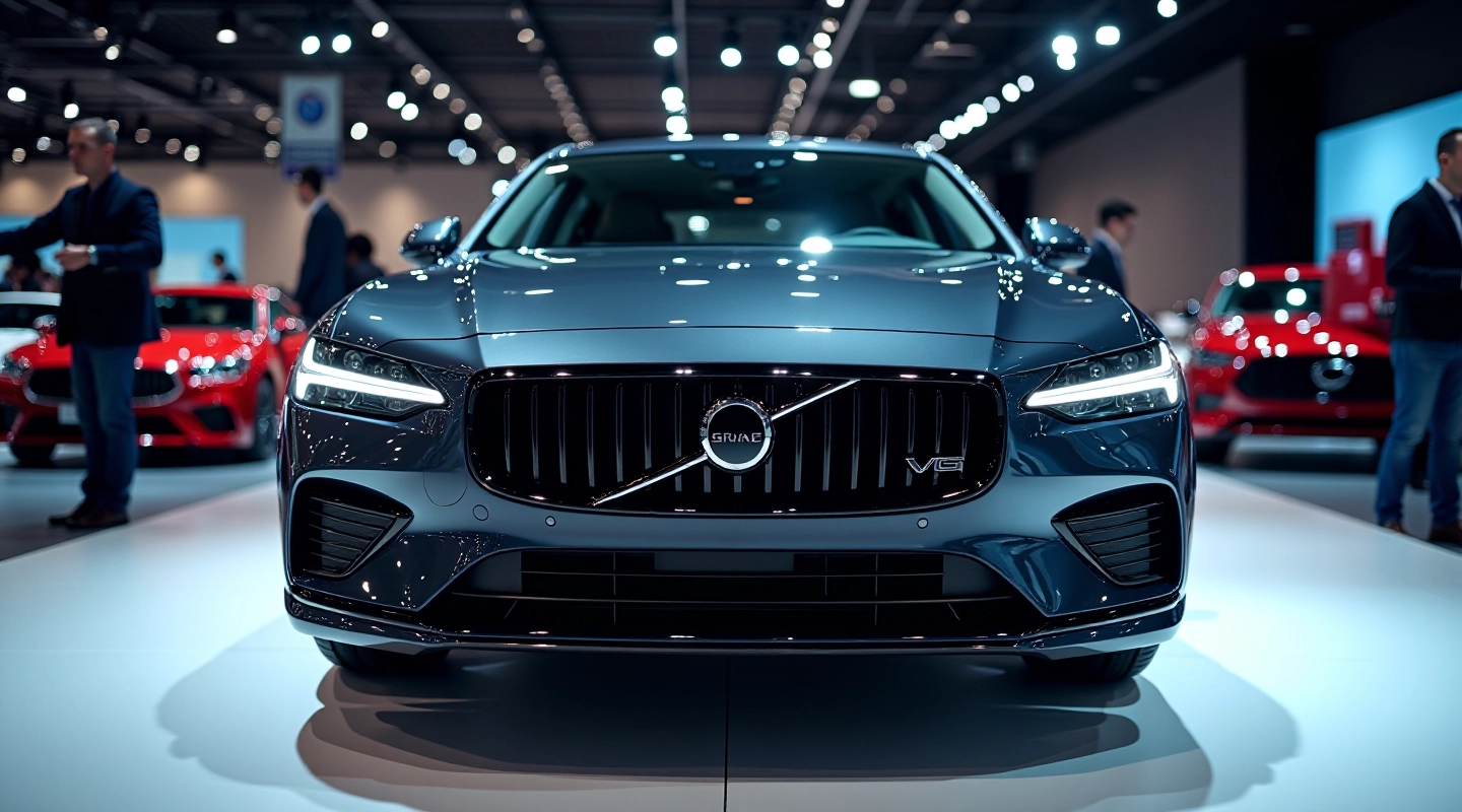 Moderni automobiļi uz izstādes laukuma ar LED apgaismojumu